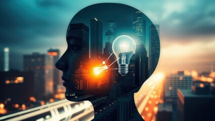 A conceptual double exposure of a human head in side profile with a glowing lightbulb inside, symbolizing creativity and ideas. Urban cityscape and technology overlays in the background. High contrast