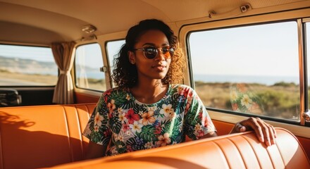 African American woman sitting in retro van on orange seat, wearing floral T-shirt and sunglasses
