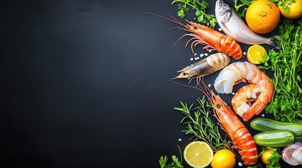 Fresh seafood displayed on dark background with herbs, citrus, and vegetables