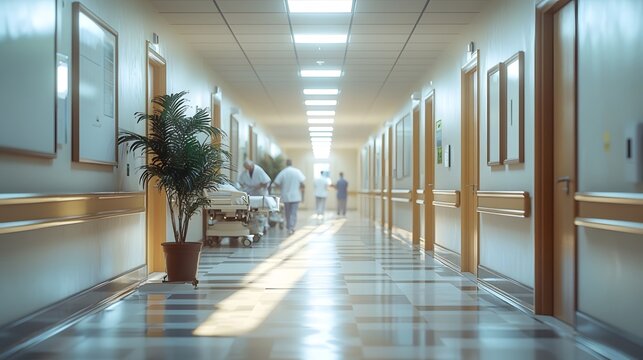 In the hospital corridor, medical staff are bustling under soft lighting