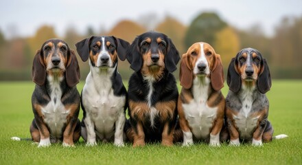 five Basset Hound Terrier of different colors sit side by side, creating a visually balanced and elegant composition.