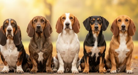 five Basset Hound Terrier of different colors sit side by side, creating a visually balanced and elegant composition.