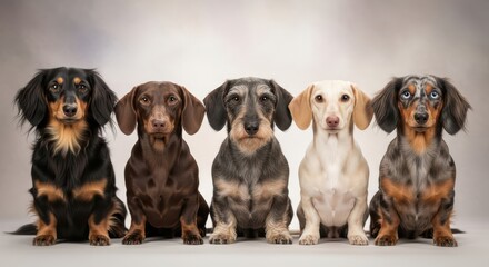 five Dachshund Dog of different colors sit side by side, creating a visually balanced and elegant composition.