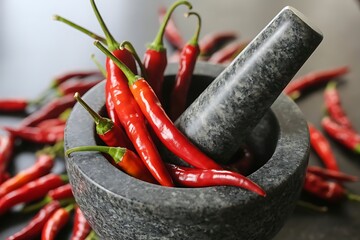 Close up of vibrant red chili peppers with green stems nestled inside a textured granite mortar with a pestle resting nearby