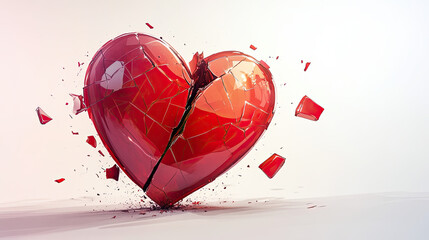 A shattered red heart with fragments flying off against a light background symbolizing heartbreak