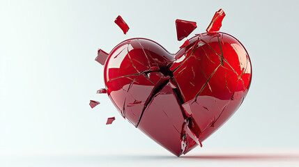 A shattered red heart with fragments scattered around it on a white background in studio lighting