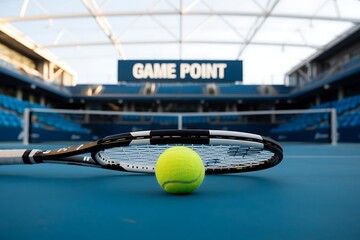 Close up of a tennis racket and ball on a blue court with stadium seating and a game point sign in the background
