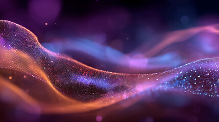 Abstract gradient particle waves seamlessly flowing with soft purple light and bokeh. Orange and blue digital waves. Technology, engineering, science, and artificial intelligence background