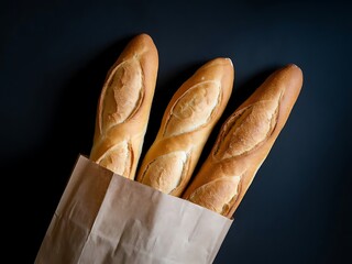 Three golden brown french baguettes with crisp crusts peeking out of a brown paper bag against a dark blue background