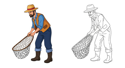 Amusing Foolish Fisherman Coloring Page Offering Full Color and Sketch Outline Art for Children