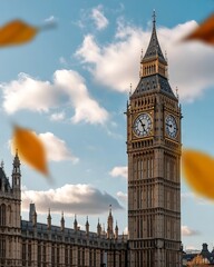Iconic big ben clock tower and houses of parliament viewed through blurred autumn leaves against a cloudy blue sky
