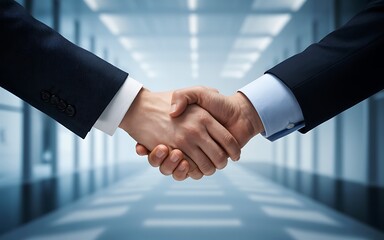 Two business people shake hands in agreement, signifying partnership and successful negotiations in a modern setting.