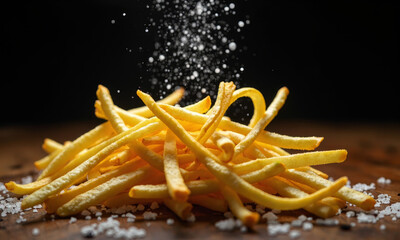 A Dynamic, High-Speed Photograph of a Handful of Julienne Fries Being Tossed with Sea Salt