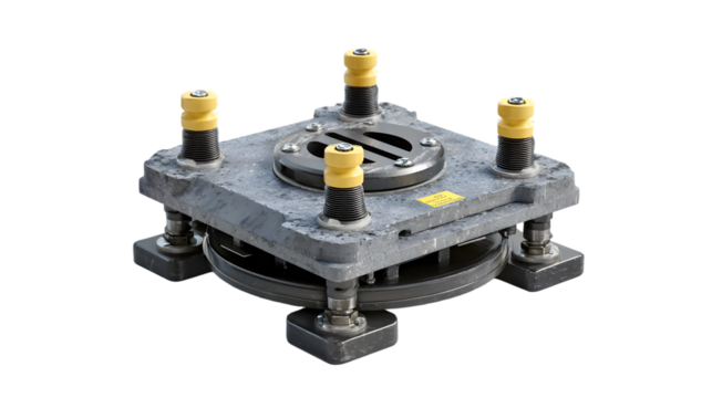 Close up of a gray industrial machinery part with yellow springs and a circular central component