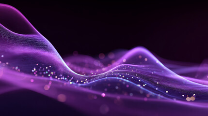 Abstract gradient particle waves seamlessly flowing with soft purple light and bokeh. Orange and blue digital waves. Technology, engineering, science, and artificial intelligence background