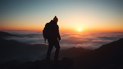 Obraz premium Silhouette of a mountain climber at sunrise, embodying adventure and the spirit of exploration.