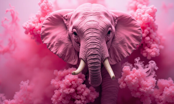 A Close-up of a Pink Elephant (from the Phrase, Not Literal), Made of Surreal, Pink, Swirling Smoke, with a Look of Dreamlike Hallucination
