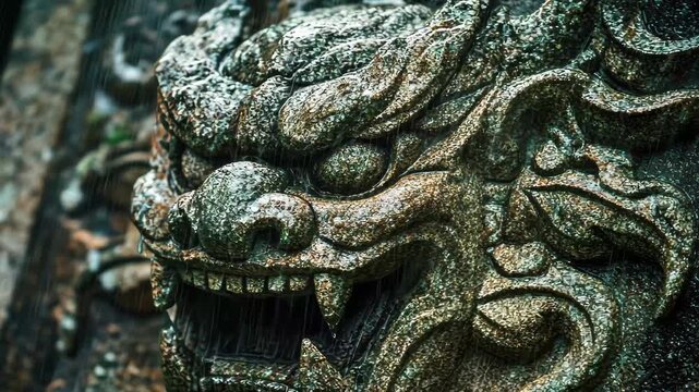 Lightning illuminates terrifying demon stone relief in ancient site, Lightning Flashes On Scary Demon Stone Relief In Rainfall