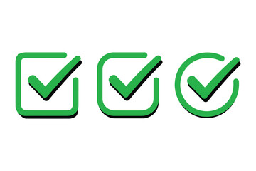 Three green check marks in boxes and circle with shadow effect