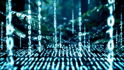 Digital binary code streams over a lush forest, representing data flow. - Powered by Adobe