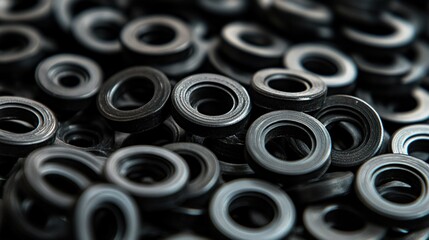 Close-up of many black rubber rings.