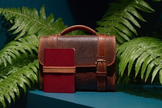 A textured leather satchel and a red notebook rest near lush green ferns