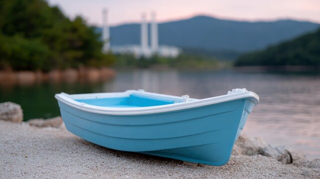 A light blue rowboat rests on a pebble shore beside a tranquil lake at dusk