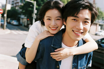 Young couple enjoying a playful moment outdoors