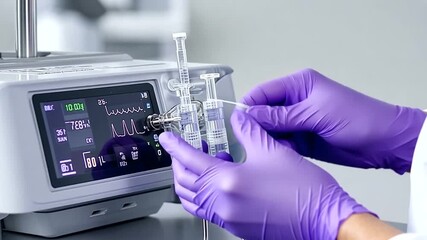 Medical worker in purple gloves setting up a medical machine with syringes - Powered by Adobe