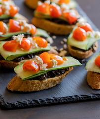 close up stock photo of greek-style crostini topped with olive paste, cucumber slices, cherry tomatoes, and feta cheese