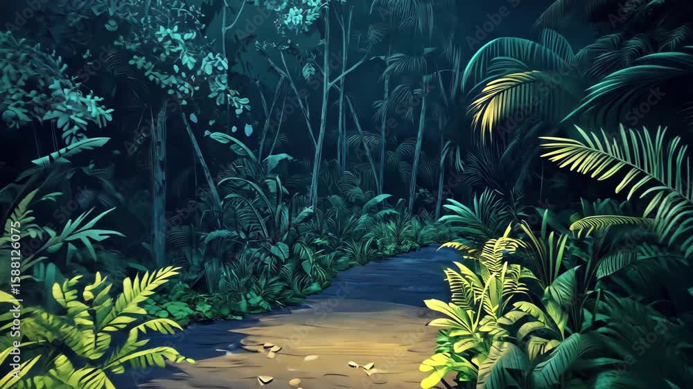 Poster exploring a path through a dense jungle at night with illuminated foliage, moving through dense jung