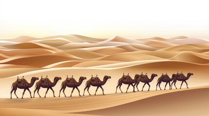 A caravan of camels traversing golden sand dunes under a serene sky at sunset