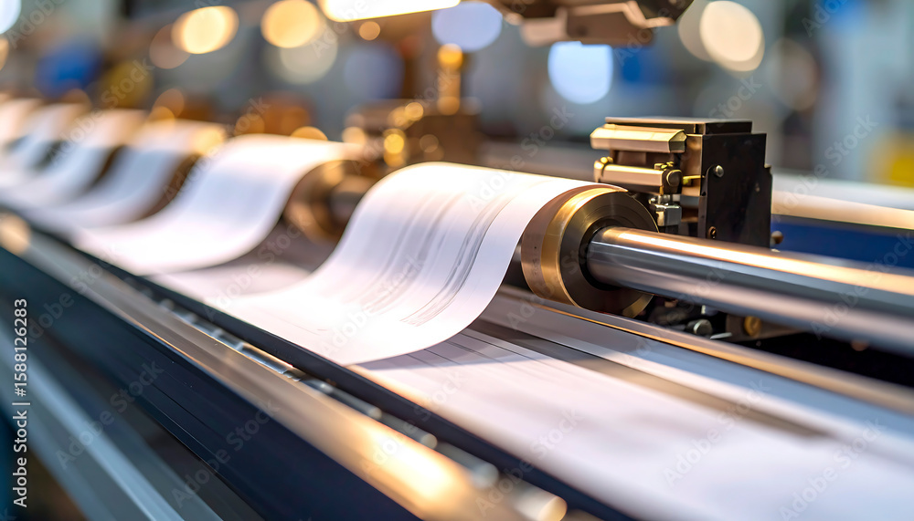 Poster automated paper roll machine with metal components and printed lines, industrial setting
