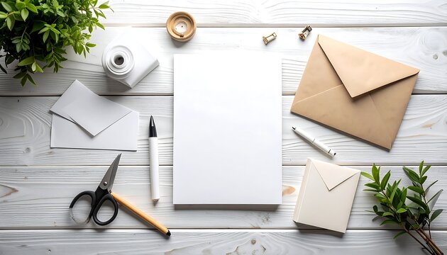 Flat lay of blank stationery and office supplies on a white wooden surface