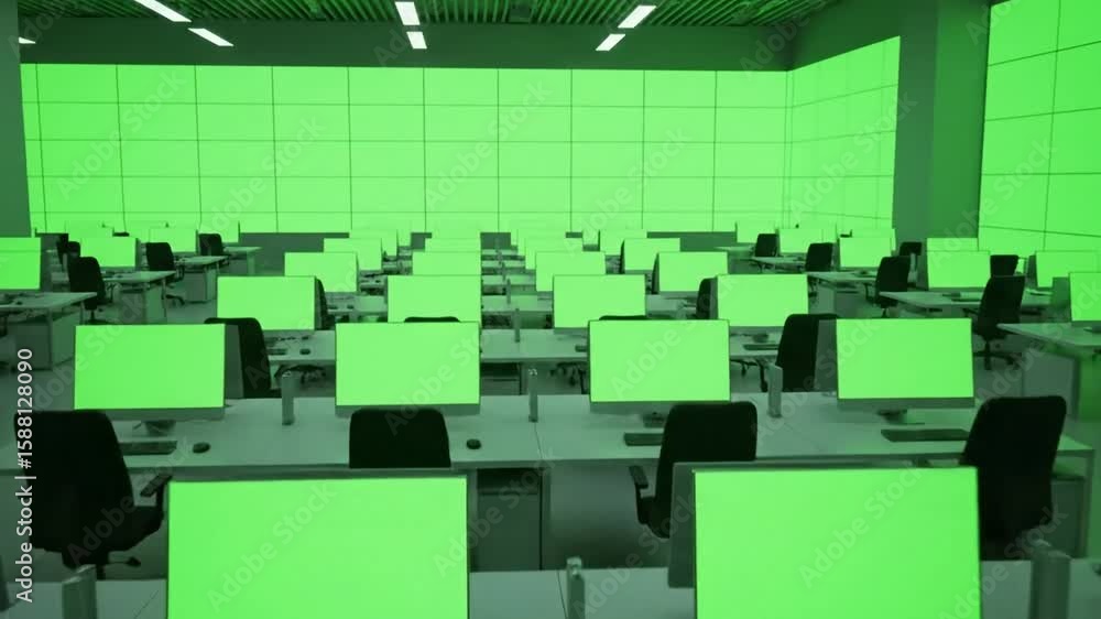 Poster an expansive empty office interior with rows of computers, ideal for virtual backgrounds