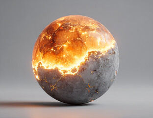 Destructive energy radiates from sphere. Half fire, half stone. Symbolizes destruction, power, change, transition. Ideal for sci-fi, disaster, marketing, website.
