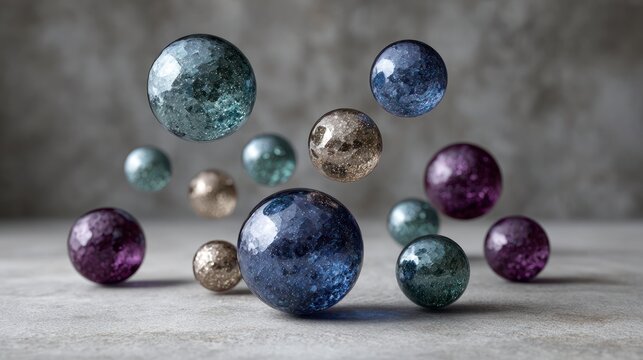 Numerous faceted iridescent spheres floating above a textured gray surface