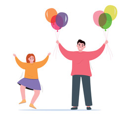 Dad brought his daughter balloons for the holiday. Festive animation for a child. Vector flat graphics.