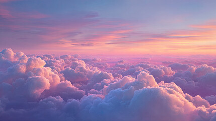 Aerial view of fluffy clouds at sunset with pink and purple hues creating a dreamy atmosphere