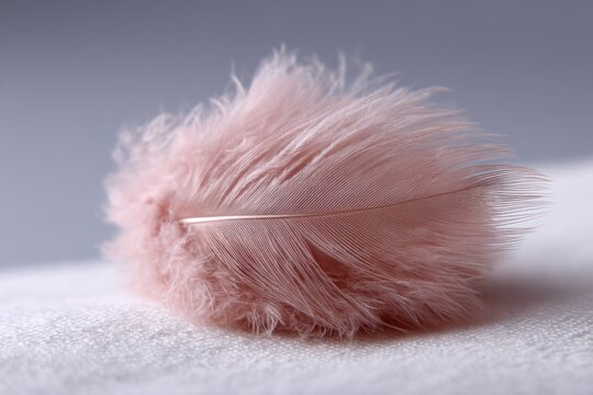 Delicate soft pink feather with fine barbules resting on a textured surface