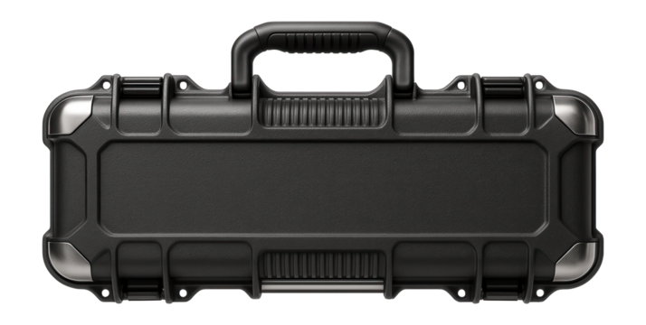 Rugged protective case with a stainless steel hinge for safeguarding firearms in a shooting range.