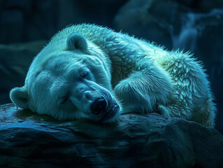 A Sleeping Polar Bear on a Rock in Low Light