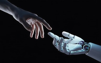 Human hand reaches toward a robot hand on black, showing artificial intelligence, connection, and technology