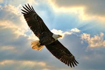 Naklejka premium A majestic bald eagle soars through the blue sky, its powerful wings spread wide in a symbol of freedom