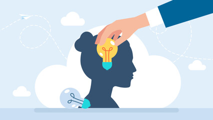 Boost productivity, effective method of skills development for entrepreneur. Mental health, stress. Man change broken light bulb inside woman head of leader to bright lamp. Vector illustration