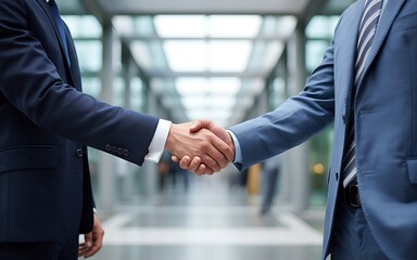 Successful business deal shown with a firm handshake between two executives in an office environment.