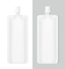 Spout pouch packaging bag mockup. Vector illustration  isolated on white and grey background. Front view. Can be use for template your design, presentation, promo, ad. EPS10.