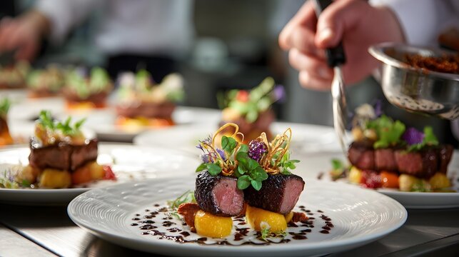 Chef plating gourmet dish with artistic food styling in restaurant kitchen