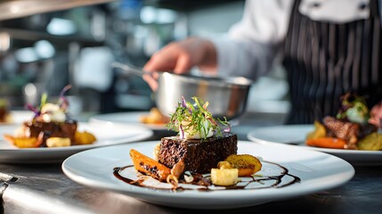 Chef plating gourmet dish with artistic food styling in restaurant kitchen