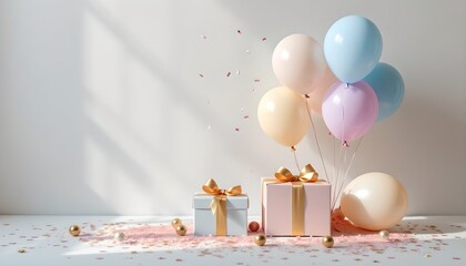 Pastel balloons and gifts against a white wall. Perfect for birthdays or celebrations